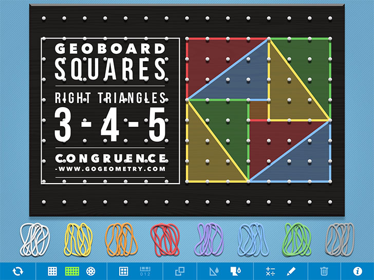 Geoboard: 3-Squares, 4-Rectangles, Eight-3-4-5-Right Triangles, Congruence, Area