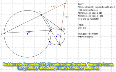 Problema de Geometría 897: Circunferencias Secantes, Tangente Comun Exterior, Secante, Congruencia, GeoGebra, Animación HTML5 para Tabletas