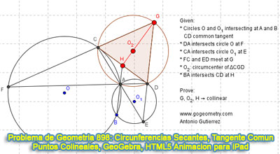 Problema de Geometria 898: Problema de Geometría 898: Circunferencias Secantes, Tangente Común Exterior, Circuncentro, Puntos Colineales