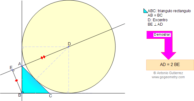 Problema 19: Triángulo rectángulo isósceles, Excentro, Perpendicular y Segmentos. 