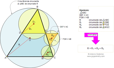 Problema de Geometría 93: Triangulo, Paralelas, Circunferencia Circunscrita, Circuncentro, Paralelogramo, Semejanza. 