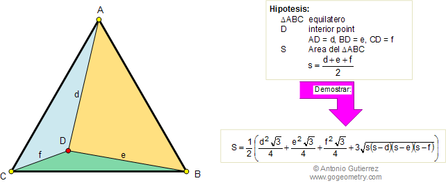 Area del triangulo equilatero, distancias punto interior, Hern