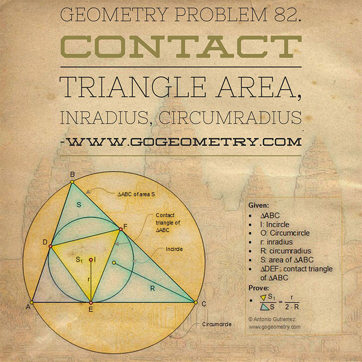 
 Problema de Geometría 82. Area del triangulo de contacto, Inradio, Circunradio, Circunferencia inscrita, circunscrita, iPad, Apps, poster, tipografia. Ingles ESL.