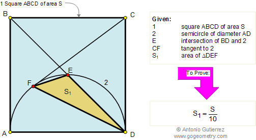 Problema de Geometría 112 en Español (ESL): Cuadrado, Diagonal, Semicircunferencia,  Tangente, Triangulo, Área.