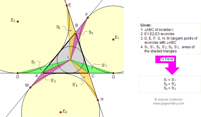 Problema de Geometría 113 (ESL): Triangulo, Incentro, Excentros, Circunferencias Exinscritas, Puntos de Tangencia, Área.