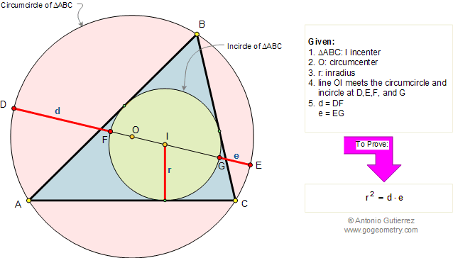 Triangulo, Circunferencias Inscrita y Circunscrita, Secante que pasa por el Incentro y Circuncentro, Inradio, Relaciones Mtricas