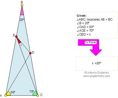Problem 274: Isosceles Triangle, 80-80-20, Angles.