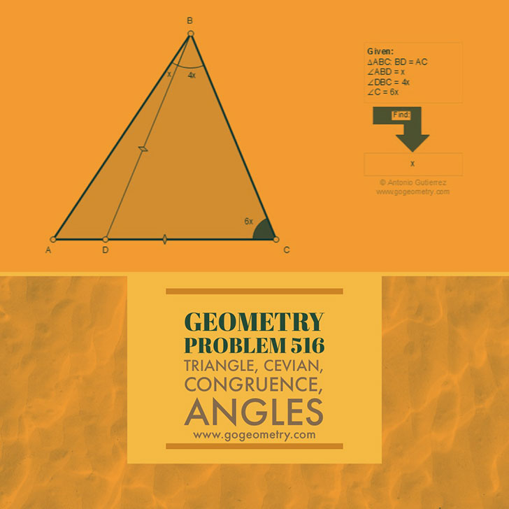 
 Problema de Geometría 516. Triangle, Cevian, Congruence, Angles. Ingles ESL.