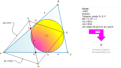  Online Geometry Problem 657: Triangle, Incircle, Tangency Points, Parallel Lines.