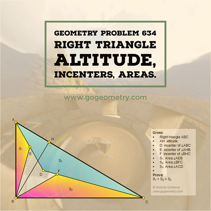 Problem 634: Right Triangle, Altitude, Incenters, Areas. Background: stereographic projection of the Temple of the Three Windows at Machu Picchu