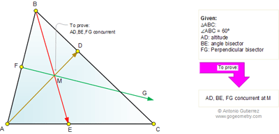  Online Geometry Problem 663. Scalene Triangle, 60 Degrees, Altitude, Angle Bisector, Perpendicular Bisector, Concurrent lines.