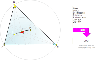  Online Geometry Problem 664. Triangle, 60 Degrees, Orthocenter, Incenter, Circumcenter, Angles.