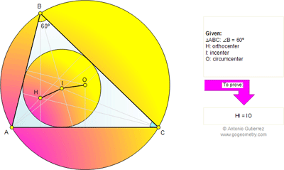 Online Geometry Problem 670: Triangle, 60 Degrees, Orthocenter, Incenter, Circumcenter, Congruence