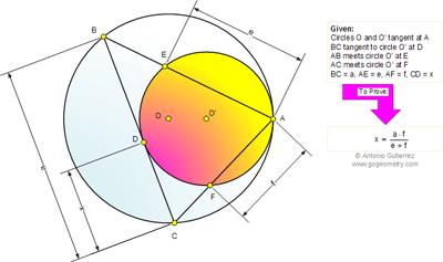 Online Geometry Problem 673: Internally tangent circles, Chord, Tangent, Metric Relations.