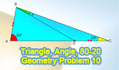Triangle, cevian, equal segments, angles, 80-20 degrees