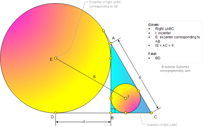 Problema de Geometría 1043 (English ESL): Triangulo Rectángulo, Incentro, Excentro, Congruencia, Relaciones Métricas.