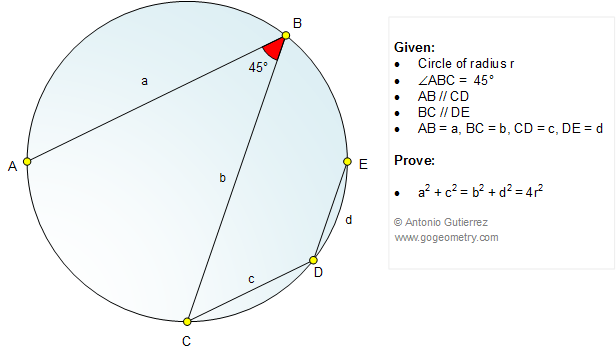 Geometry Problem 1084: Circle, Chord, Radius, Diameter, Parallel line, 45 Degrees, Metric Relations