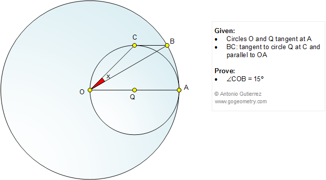 Geometry Problem 1087 Tangent Circles, Parallel, 15 Degrees, Angle