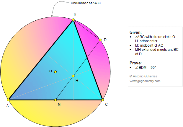 Problema de Geometria 1136 Triangulo, Circunferencia Circunscrita, Ortocentro, Punto Medio, Angulo, 90 Grados