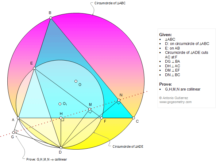 Elearning Geometry Problem 1167: Triangle, Circle, Circumcircle, Perpendicular, 90 Degrees, Collinear Points