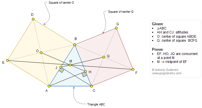 Geometry Problem 1293: Triangle, Altitudes, Two Squares, Center, Concurrent Lines, Midpoint