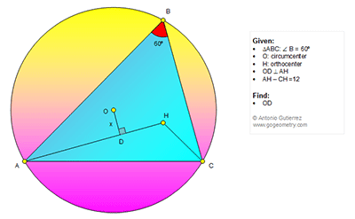 
 English ESL: Problema de Geometria 1312: Triangulo, 60 Grados, Circunferencia, Circuncentro, Ortocentro, Altura, Distancia, Perpendicular, Relaciones metricas.