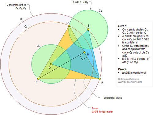 
 Problema de Geometría 1348. Tres Circunferencias concéntricas, Triangulo equilátero, Mediatriz de un segmento, Congruencia. Ingles ESL.