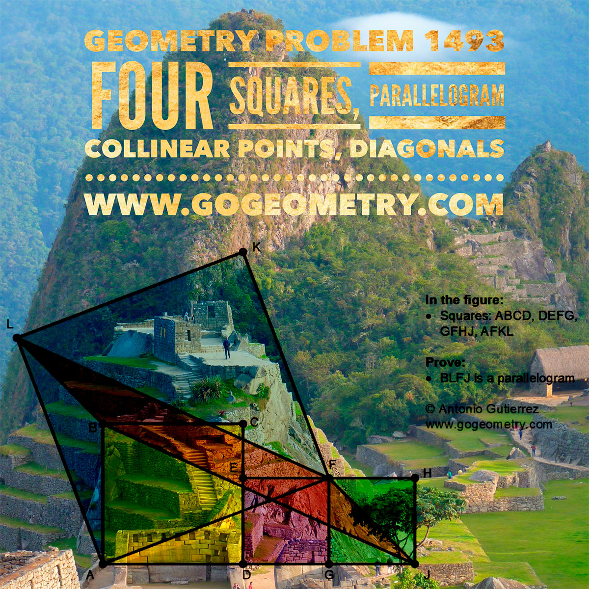 Geometry Problem 1493: Four Squares, Parallelogram, Auxiliary Lines, Machu Picchu in the background