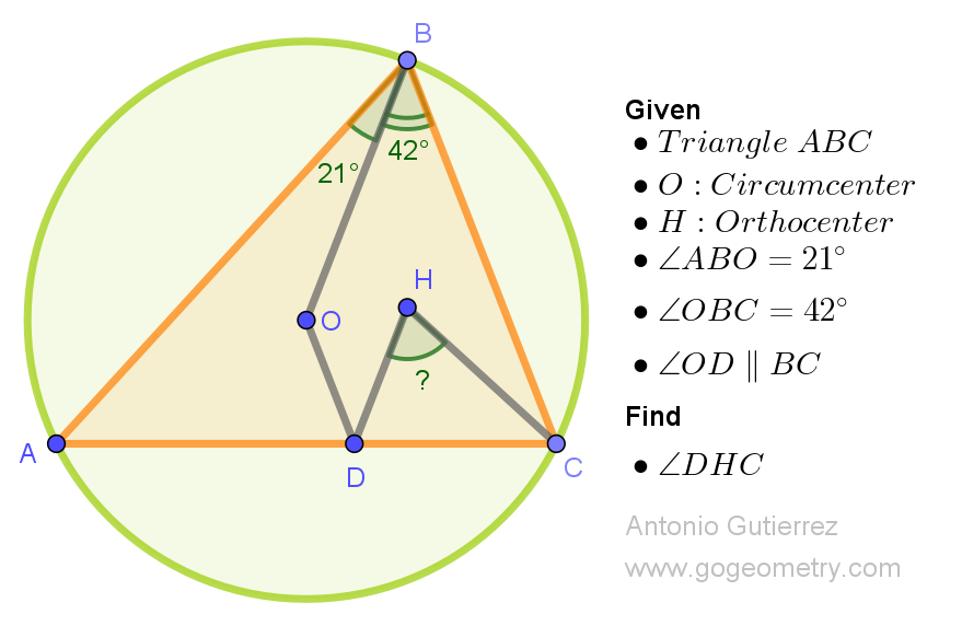Diagram of triangle ABC with circumcenter O and orthocenter H. Geometry Problem 1561.
