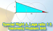 Special Right triangle, Catheti or legs ratio 1:3, 18.5 Degrees. Double angle