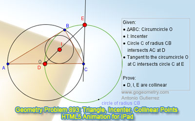 Dynamic Geometry Problem 893: Triangle, Circumcircle, Incenter, Circle, Tangent, Collinear Points. HTML5 Animation for Tablets