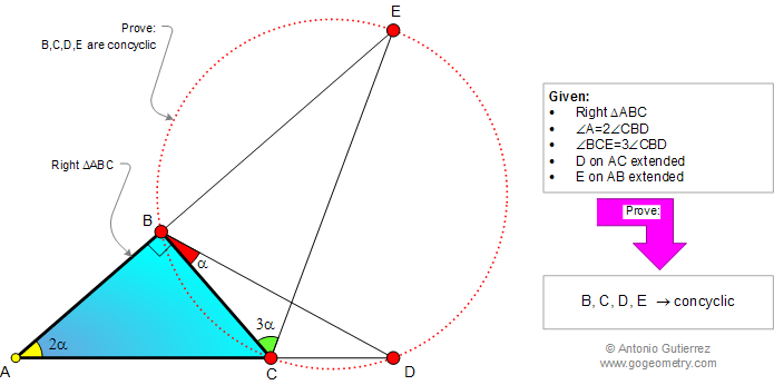 Problema de Geometra911 (ESL): Triangulo Rectngulo, Angulo Doble y Triple, Cuadriltero Inscriptible, Puntos Cocclicos