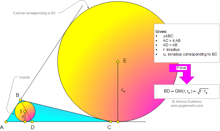 Problema de Geometria 959: Triangulo, Razon de 2 Lados 4:1, Ceviana, Inradio, Exradio, Media Proporcional, Media Geométrica