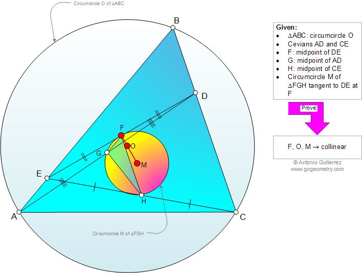 Problema de Geometra966 (English ESL): Triangulo, Cevianas, Punto Medio, Circunferencia Circunscrita, Tangente, Circuncentro, Puntos Colineales