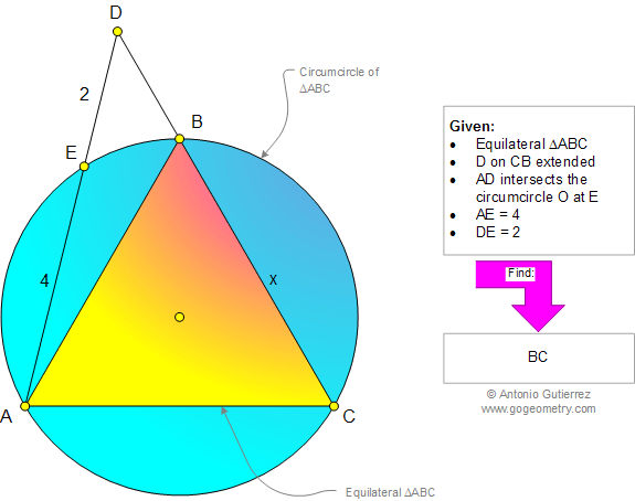 Problem de Geometria 970: Triangulo Equiltero, Circunferencia Circunscrita, Circuncirculo, Secante, Relaciones Mtricas