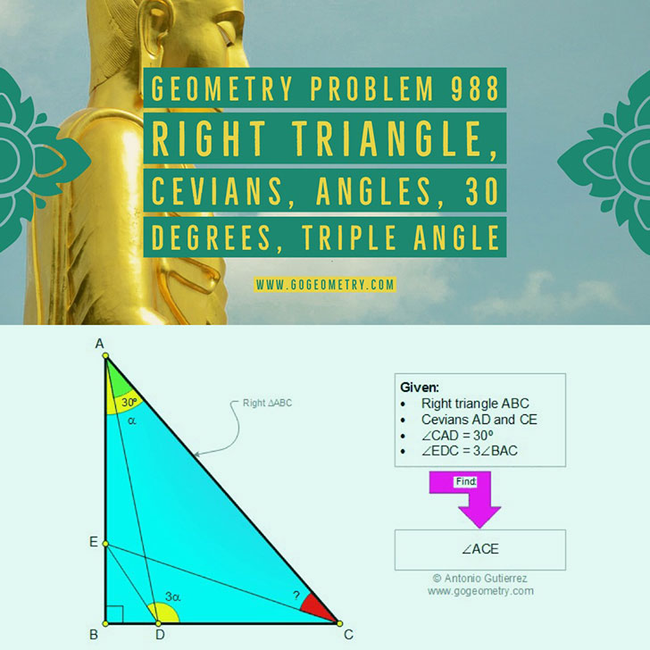 
 Problema de Geometría 988. Geometry Problem 988: Triangulo rectangulo, Cevianas, Angulos, 30 grados, Triple angulo, iPad, Apps, poster, tipografia. Ingles ESL, English.