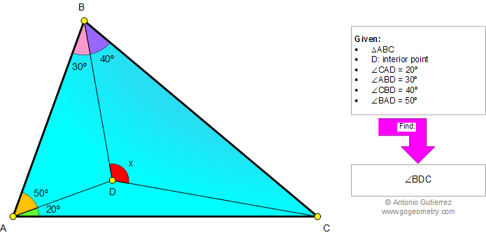 Geometry Problem 992: Triangle, Interior Point, Angles, 20, 30 , 40, 50 Degree