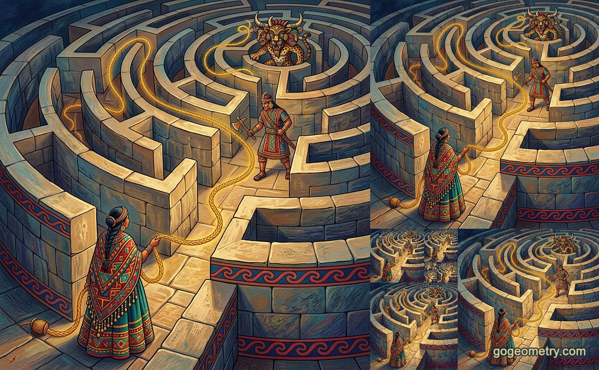 Ariadne's golden thread leading through an Incan golden rectangle geometric labyrinth
