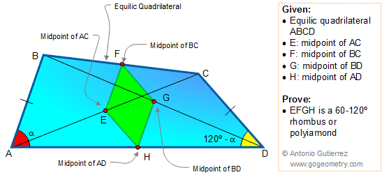 Geometry Problem 1369 Equilic Quadrilateral, Congruence, Midpoint, 60-120 Degrees Rhombus or Polyiamond, diamond