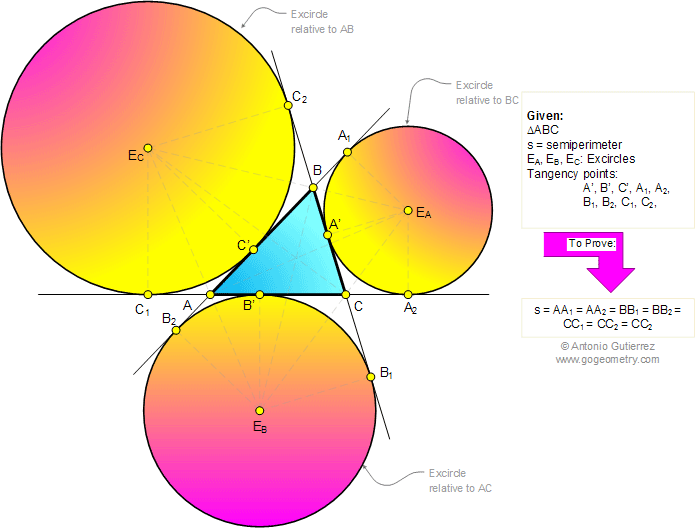 Triangle with 3 excircles, tangent, congruence