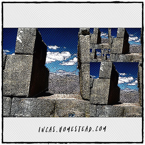 Etching of Sacsayhuaman and Golden Rectangles. Line Engraving. Tourist attraction in Cuzco, Peru
