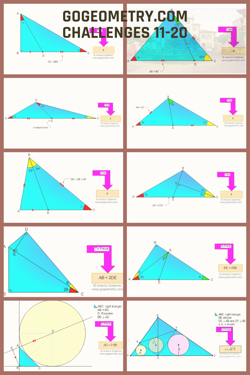 Full-color poster titled 'GoGeometry.com Challenges 11-20', showcasing ten distinct geometric problems with intricate diagrams and numbers 11 through 20, designed to engage viewers in mathematical reasoning.