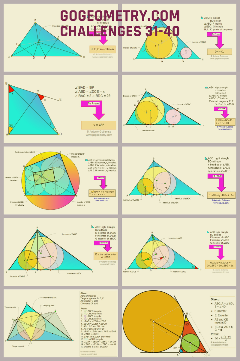 Full-color poster titled 'GoGeometry.com Challenges 31-40', showcasing ten distinct geometric problems with intricate diagrams and numbers 31 through 40, designed to engage viewers in mathematical reasoning.
