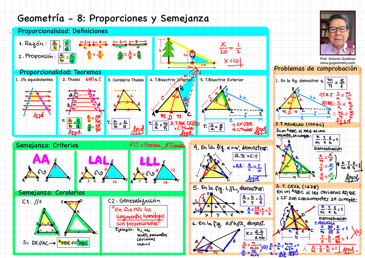 Pre, Preparatoria, Universidad, Ciencias, Matematicas, Resumen de Geometría Semana 8 Proporciones y Semejanza: 
	  Proporcionalidad, Teorema de Thales, Corolario, Teoremas de la Bisectriz Interior y Exteriores, Semejanza y Corolarios