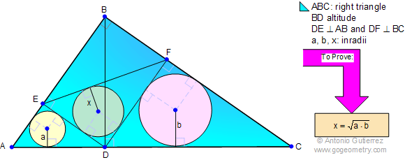 Right triangle, Altitude, Perpendiculars, Inradii, Geometric Mean