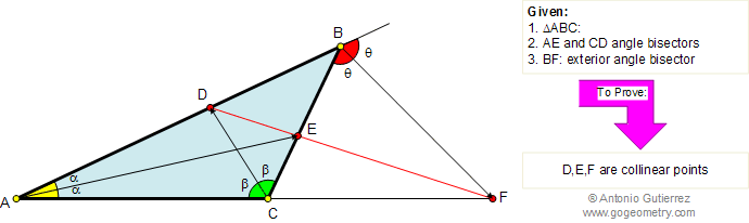 Geometria: Triangulo, Dos Bisectrices Interiores, Bisectriz Exterior del 3er Angulo, Puntos Colineales
