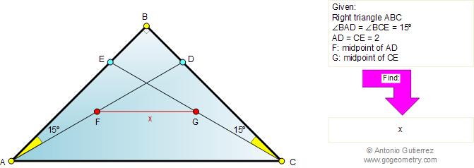 Right triangle, 15 degrees, midpoint