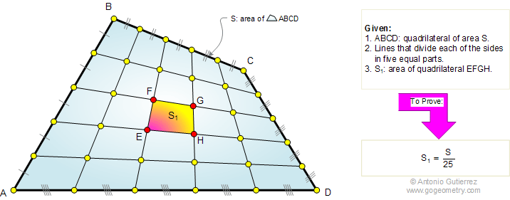 Quadrilateral area, five equal parts sides