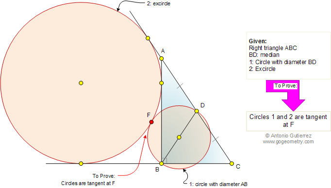 Right triangle, Median, Circle, Diameter, Excircle, Tangent
