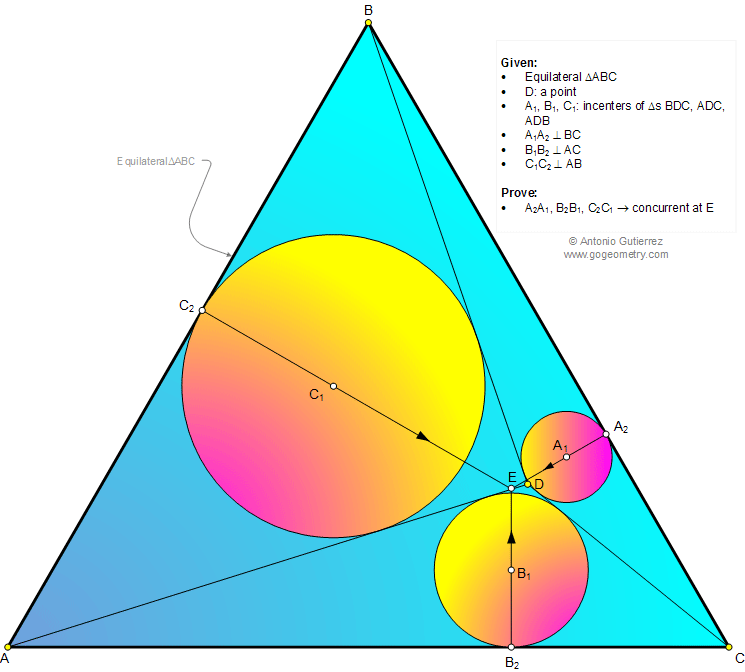 Geometry Problem 1012: Equilateral Triangle, Incenters, Inscribed Circles, Perpendicular, Concurrent Lines